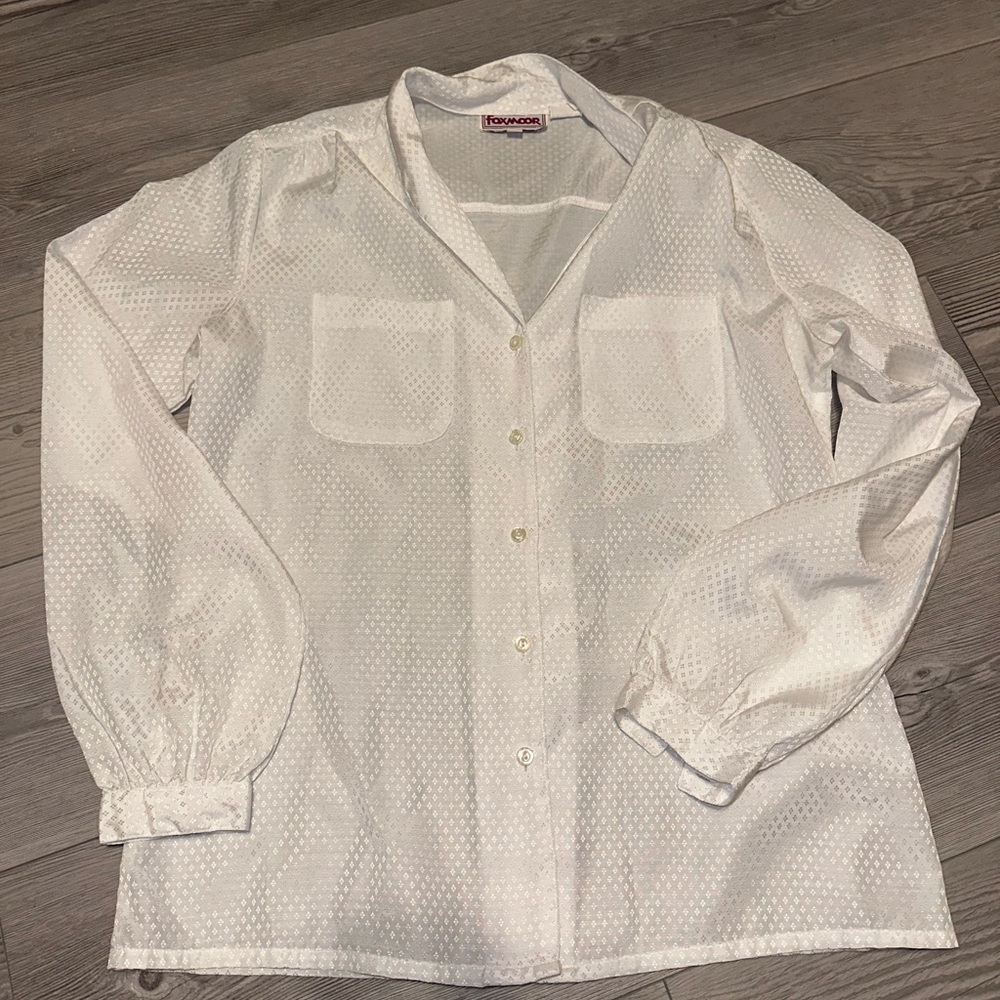 Vintage 80s Foxmoor white diamond patterned button-up long sleeve shirt, Size M